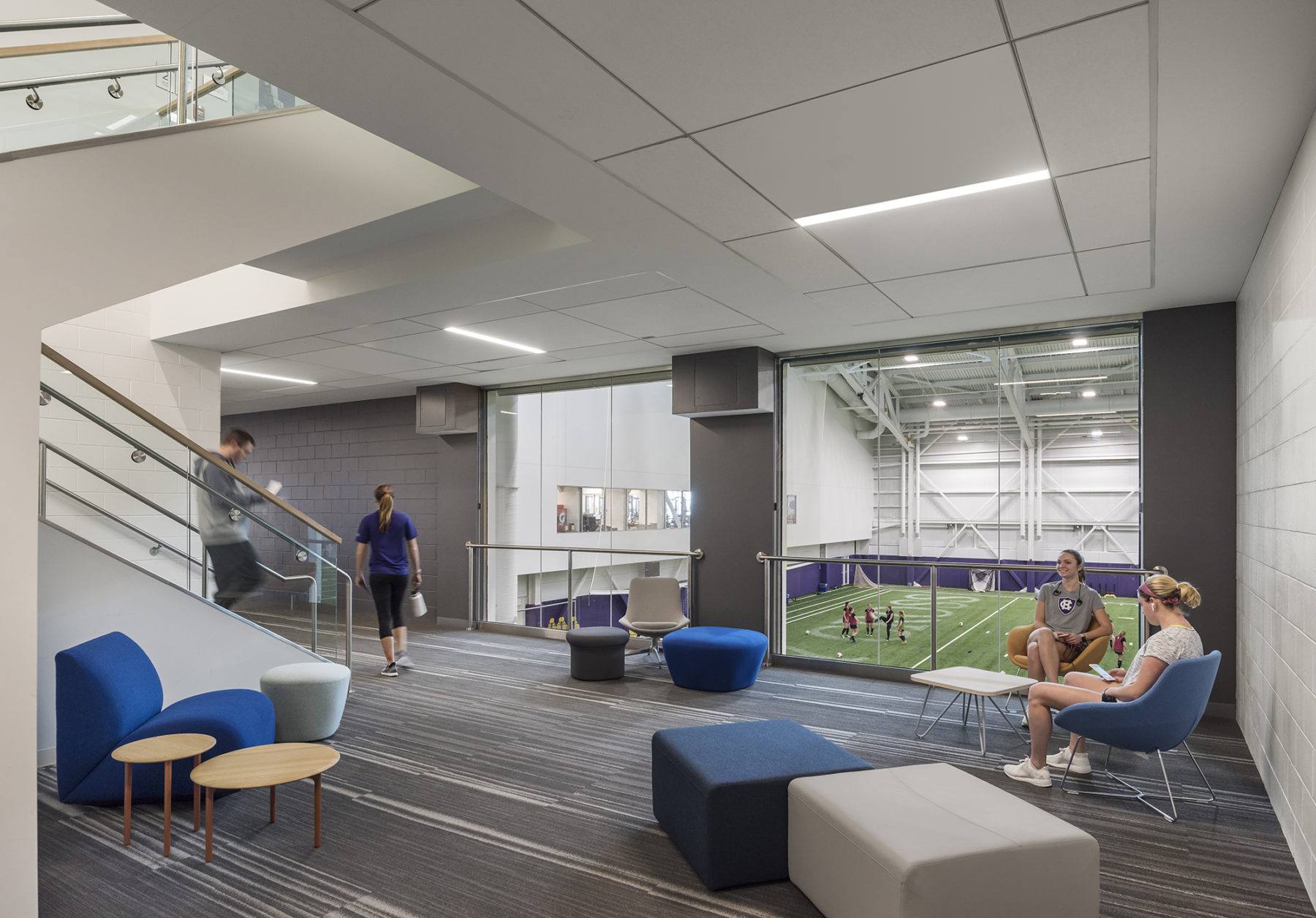 Seating area with view into fieldhouse