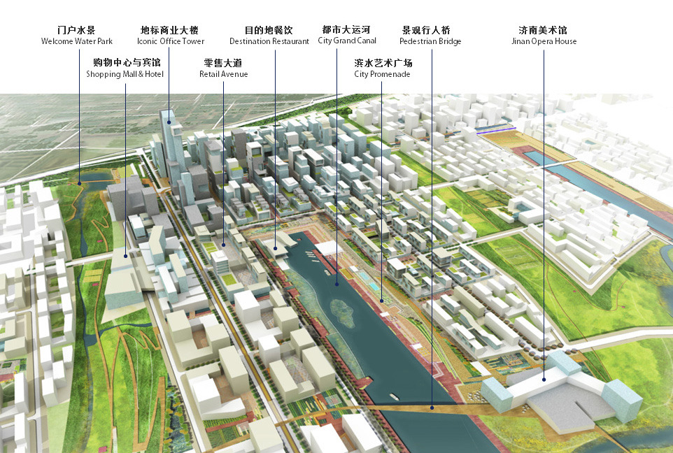 Rendering of city with points of interest highlighted