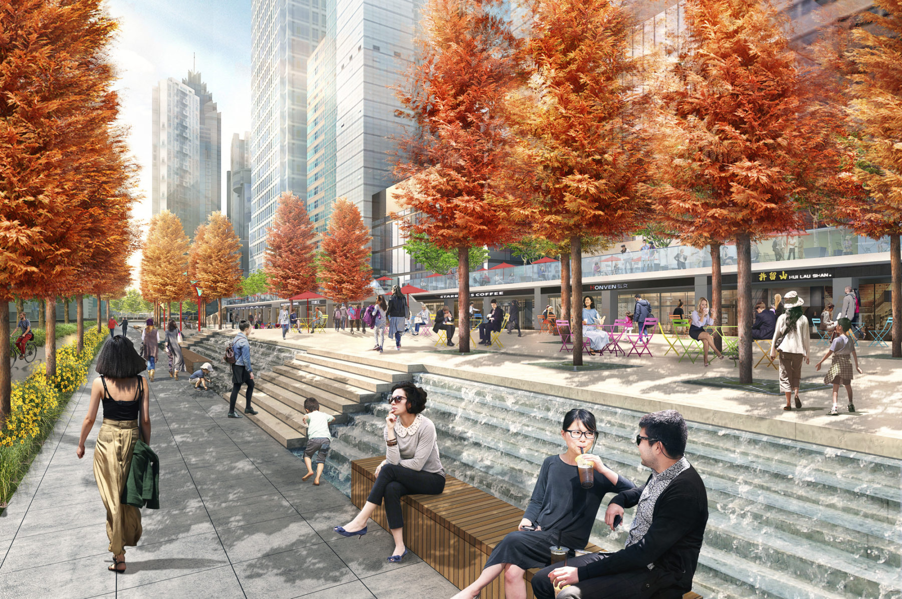 Render of people gathering outside street level storefronts