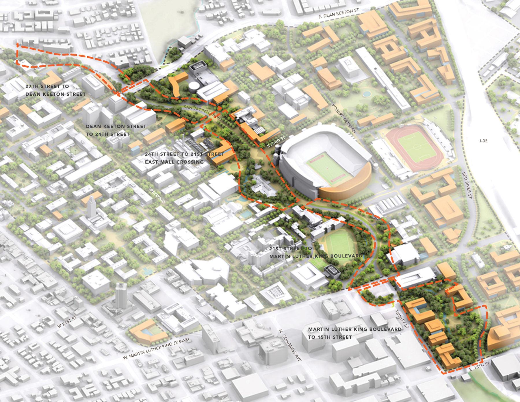 Aerial axon highlighting the street corridor adjacent to the university's stadium