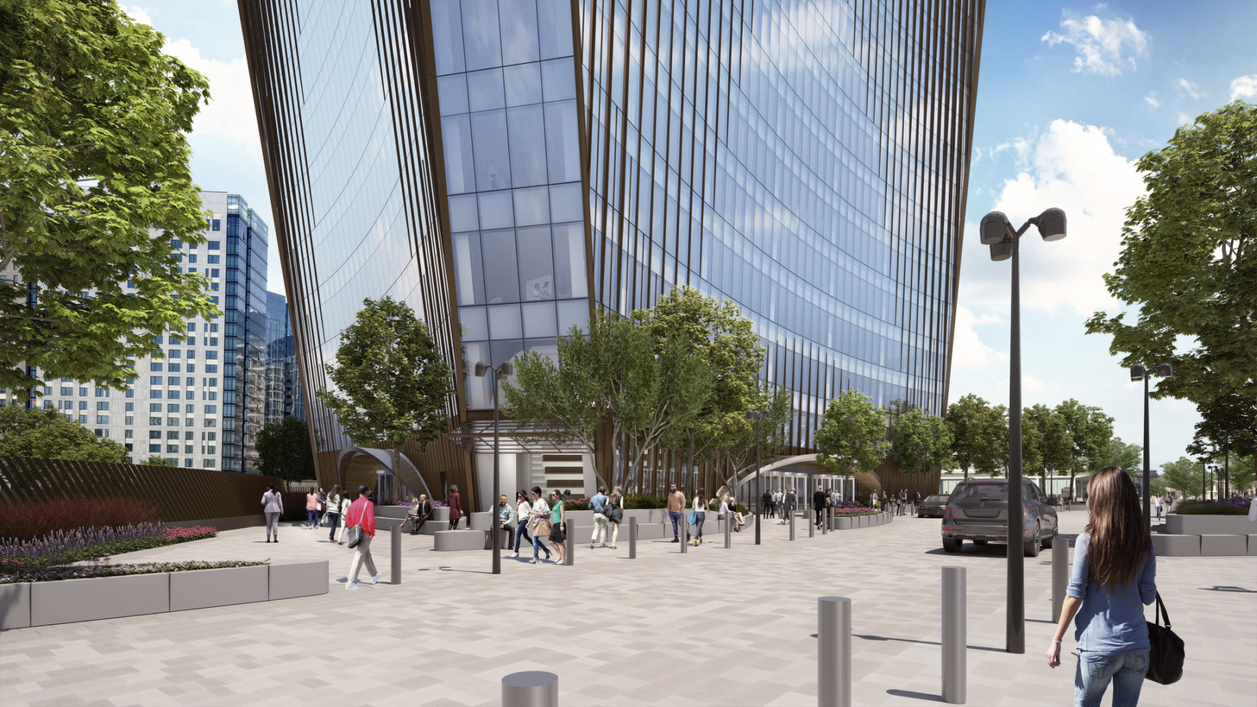 View of the first floor of the tower will people surrounding it