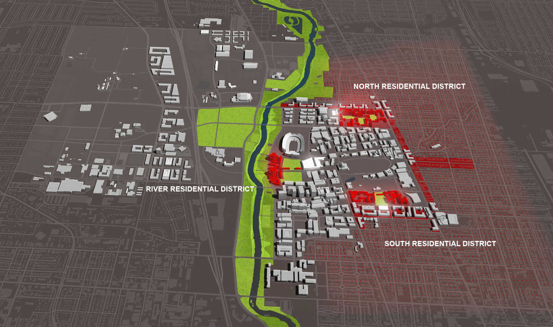 Aerial diagram of the university's different residential districts