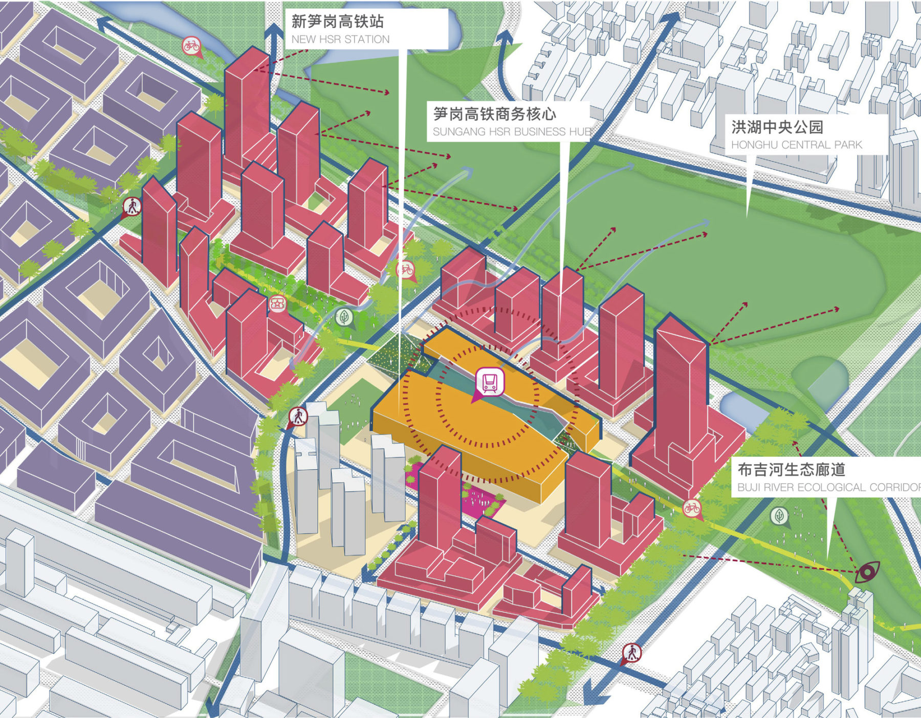 Map of Luohu with highlighted points of interest (e.g., transportation, pedestrian walkways, parks, etc.)