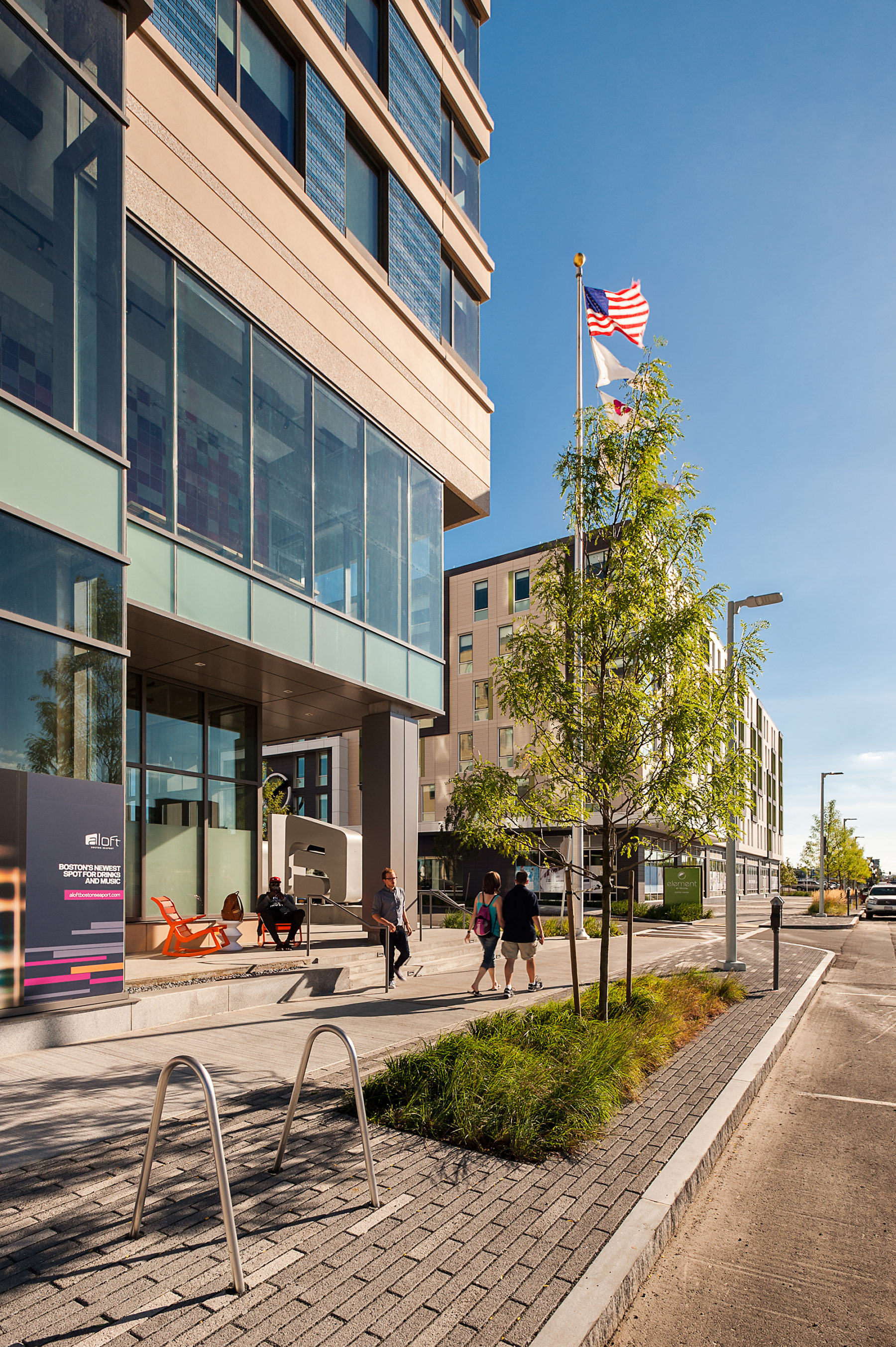 Photo from the street looking back at the built streetscape and hotel