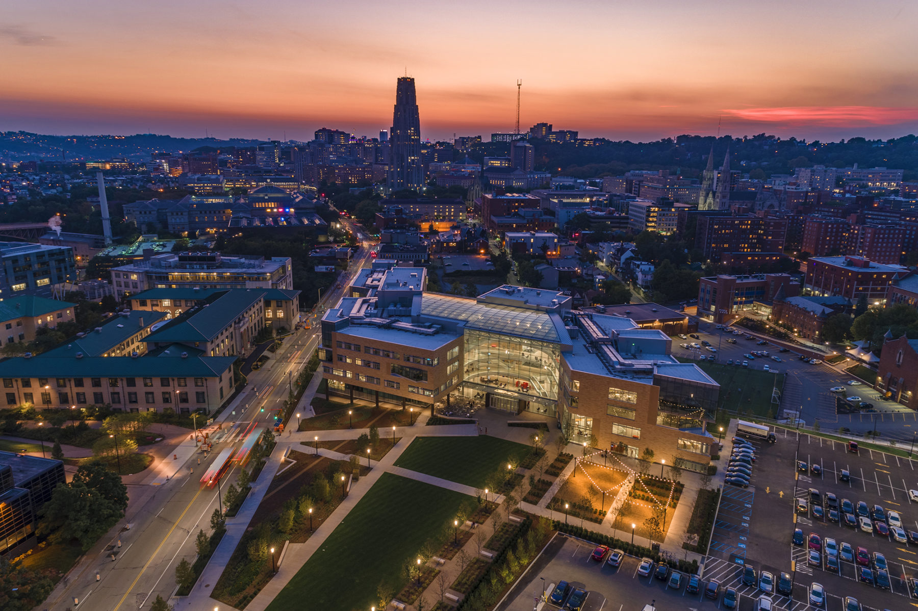 Nighttime aerial view of Tepper Quadrangle