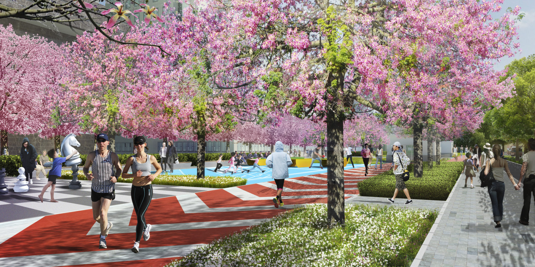 Adults running through the park beneath cherry blossom trees. Children playing in the park