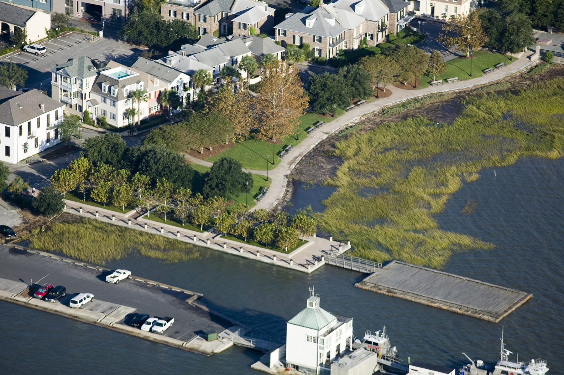 Aerial photo of dock at one edge of park