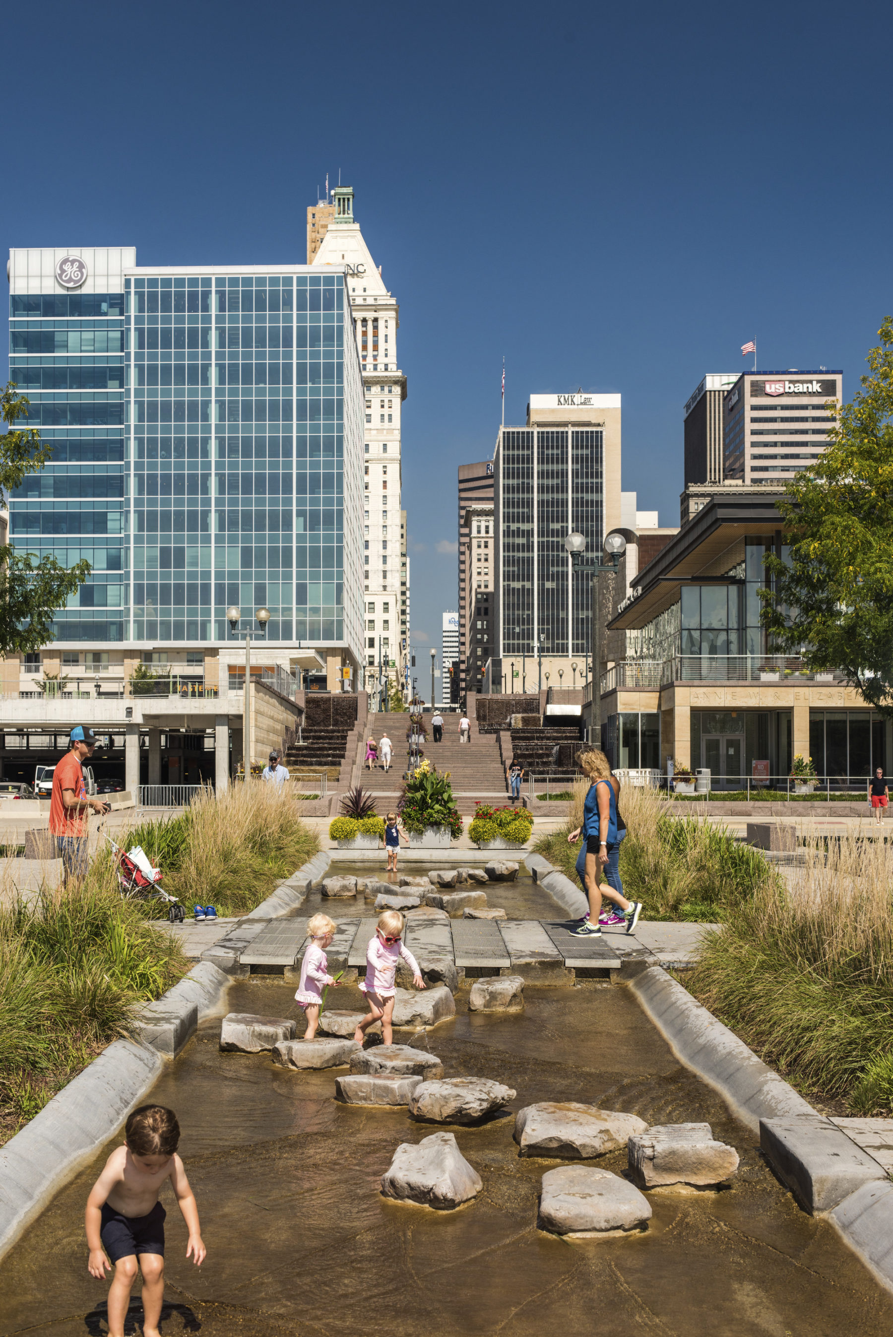 Children play in water feature