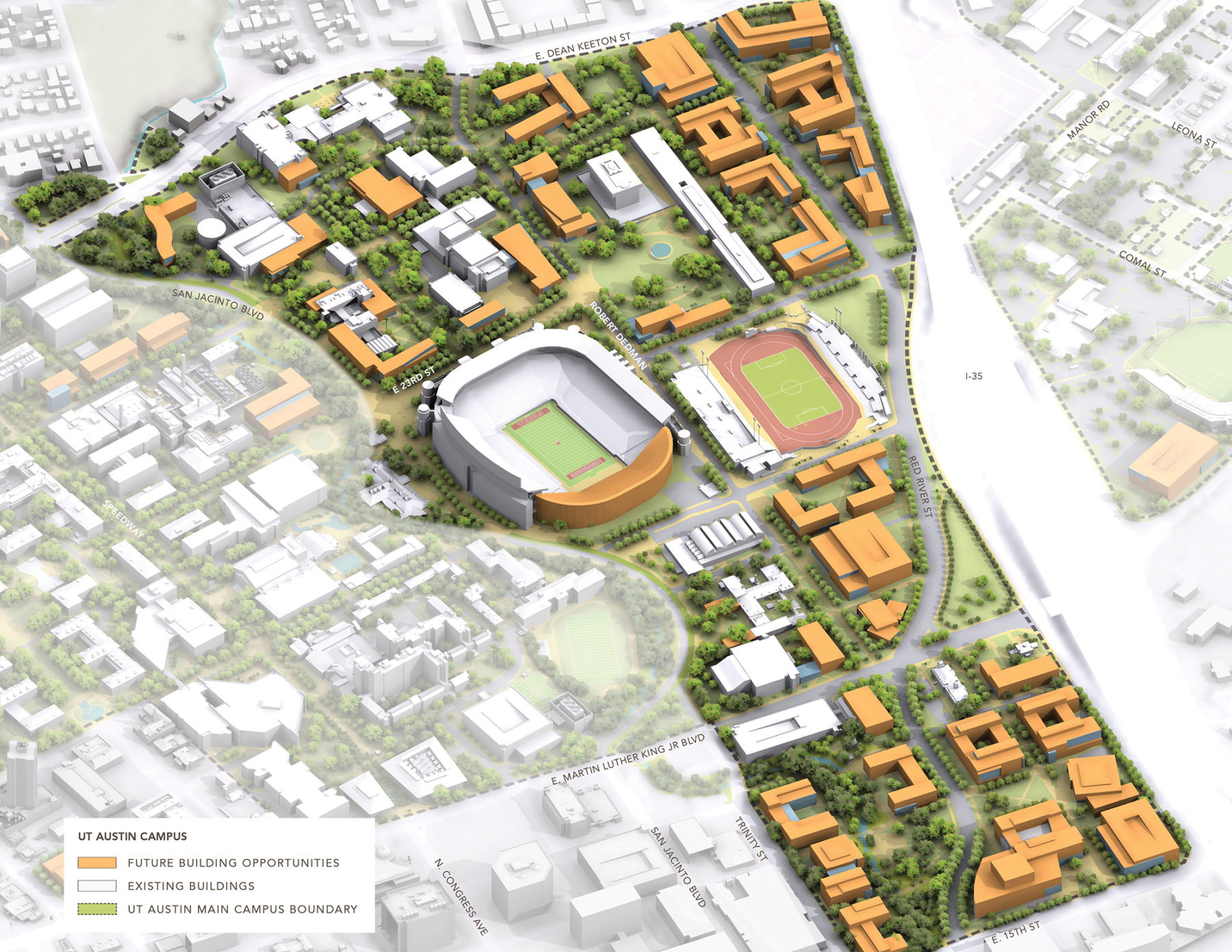 Aerial axon diagram of future building opportunities around the stadium