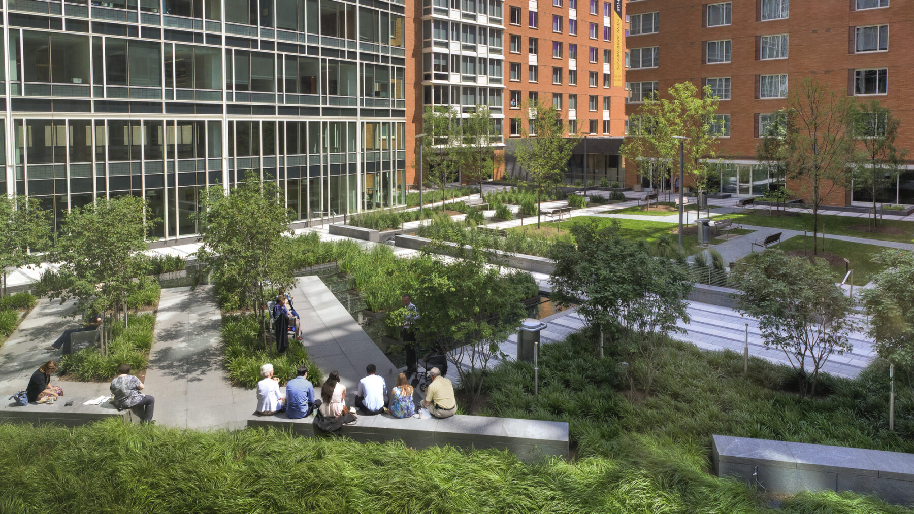 perspective shot of park with people sitting on bench