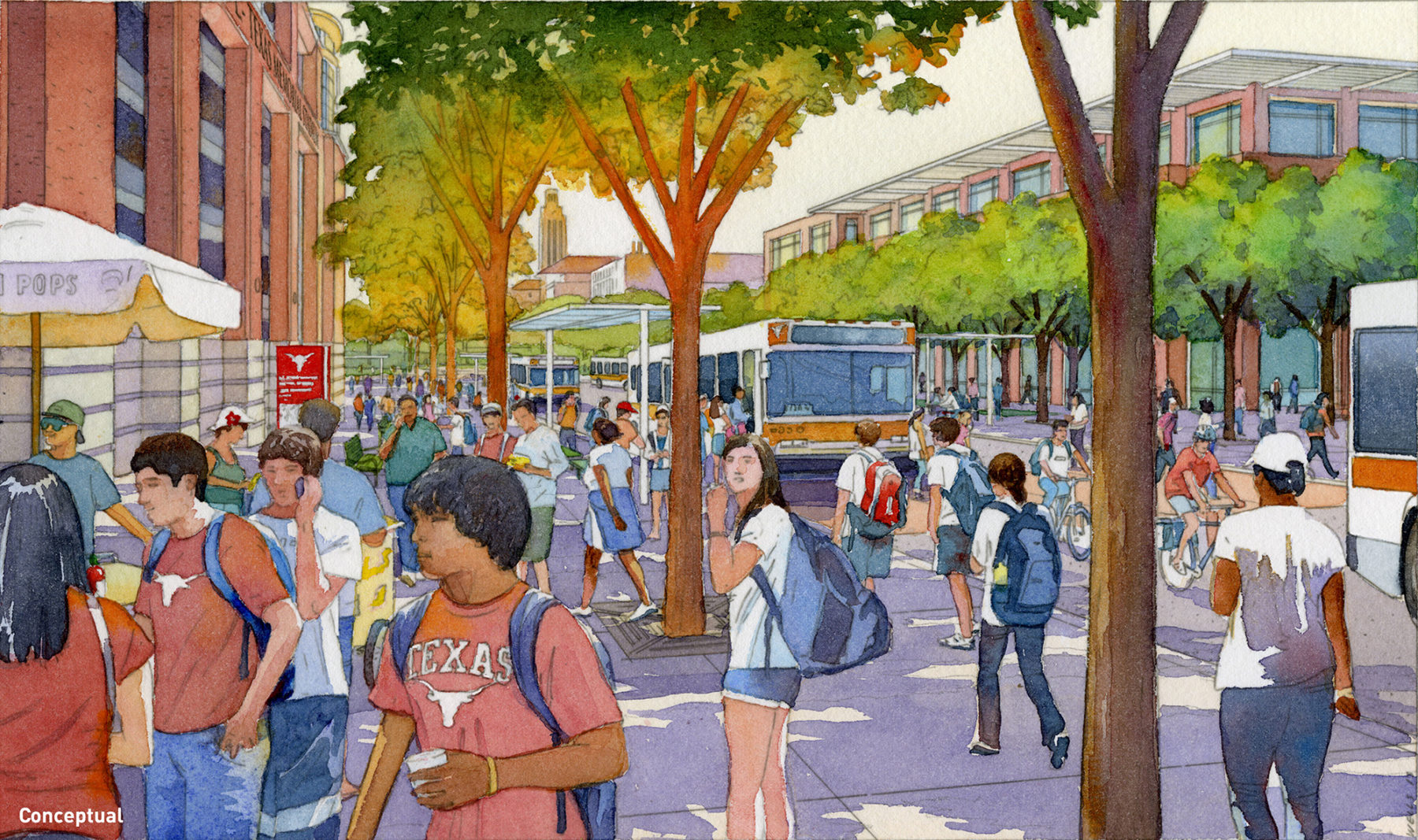 Conceptual watercolor rendering of students gathered on a street