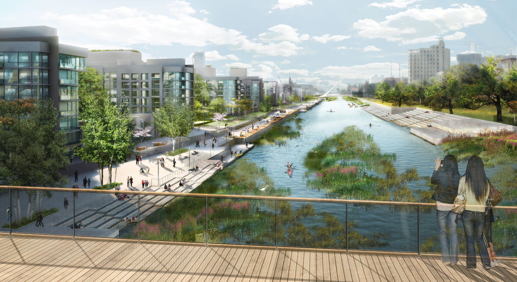 Rendering of two women on bridge overlooking a river with kayakers and spectators