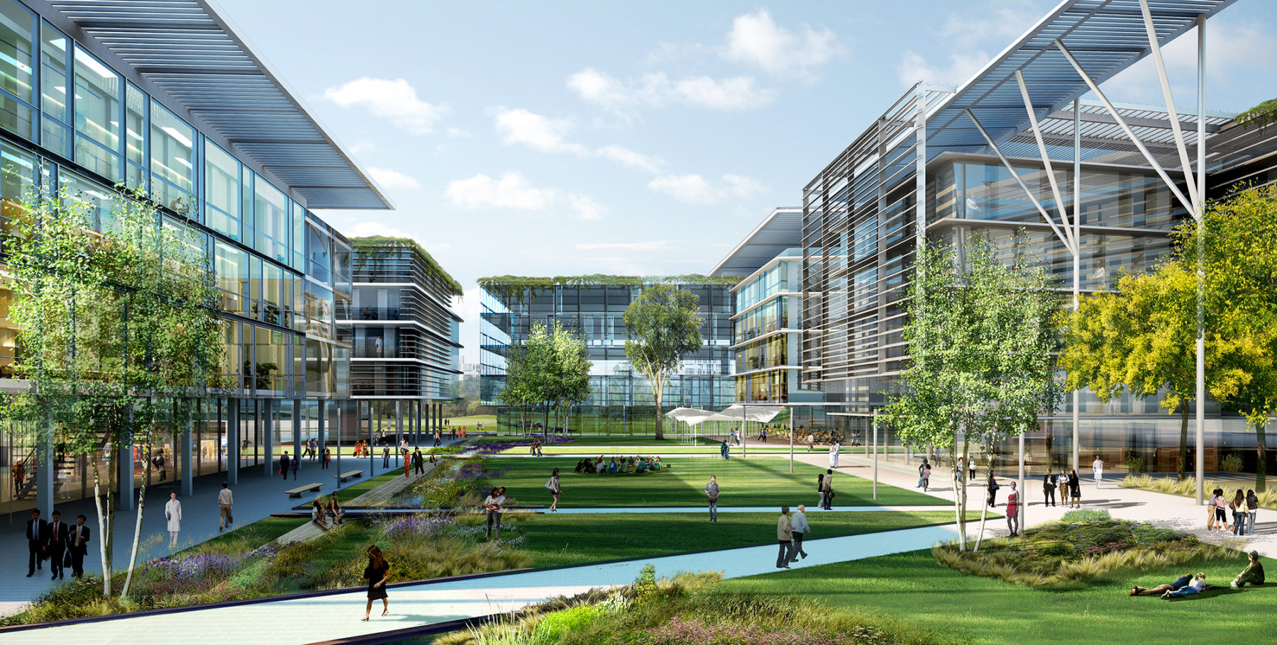 Rendering of exterior courtyard with people sitting and walking between buildings