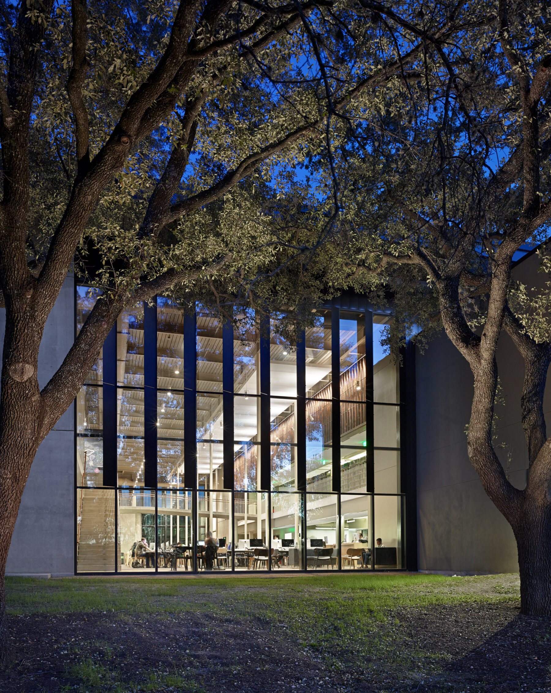 exterior shot of library featuring tall window panes