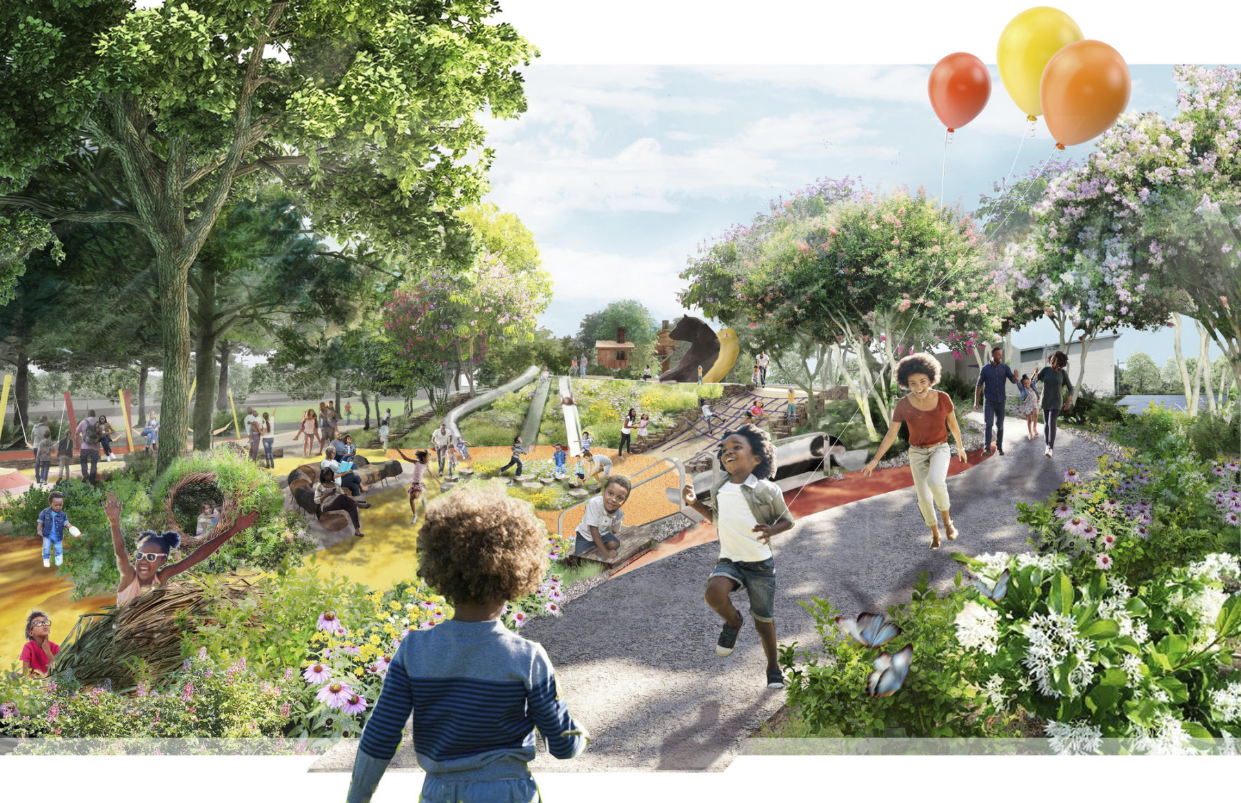 Rendering of the adventure play component of the park. Children run along the path, one young boy is carrying three balloons