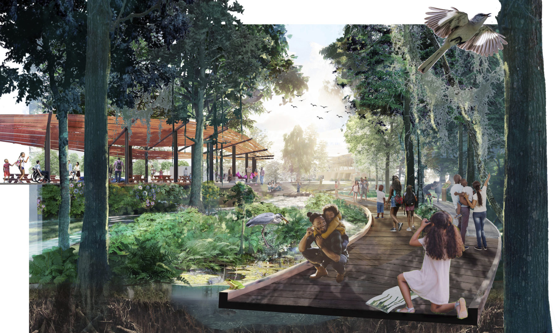 Rendering of the Bayou promenade. Families pose for pictures with wildlife along the walk.