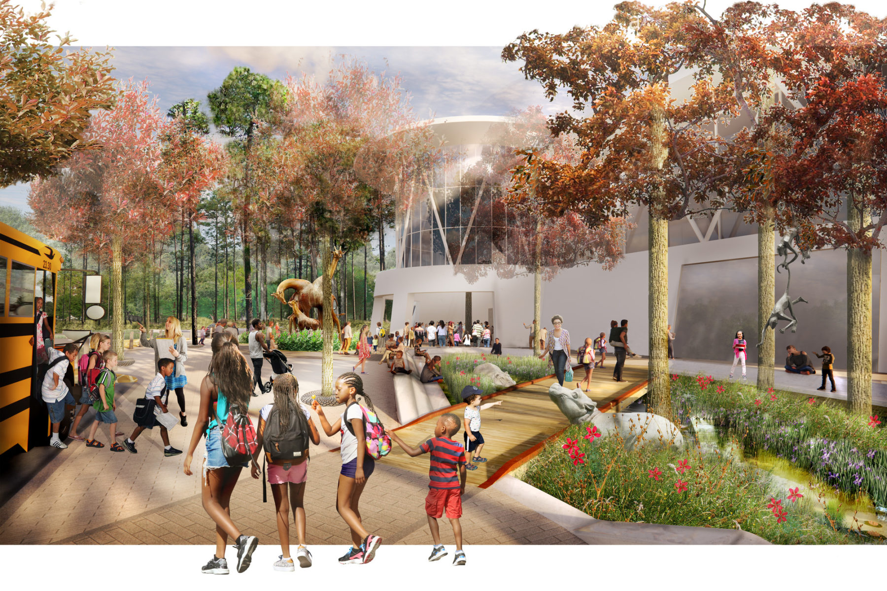 Rendering of the zoo entry plaza. Children spill out of a school bus on the left opposite the entry entry