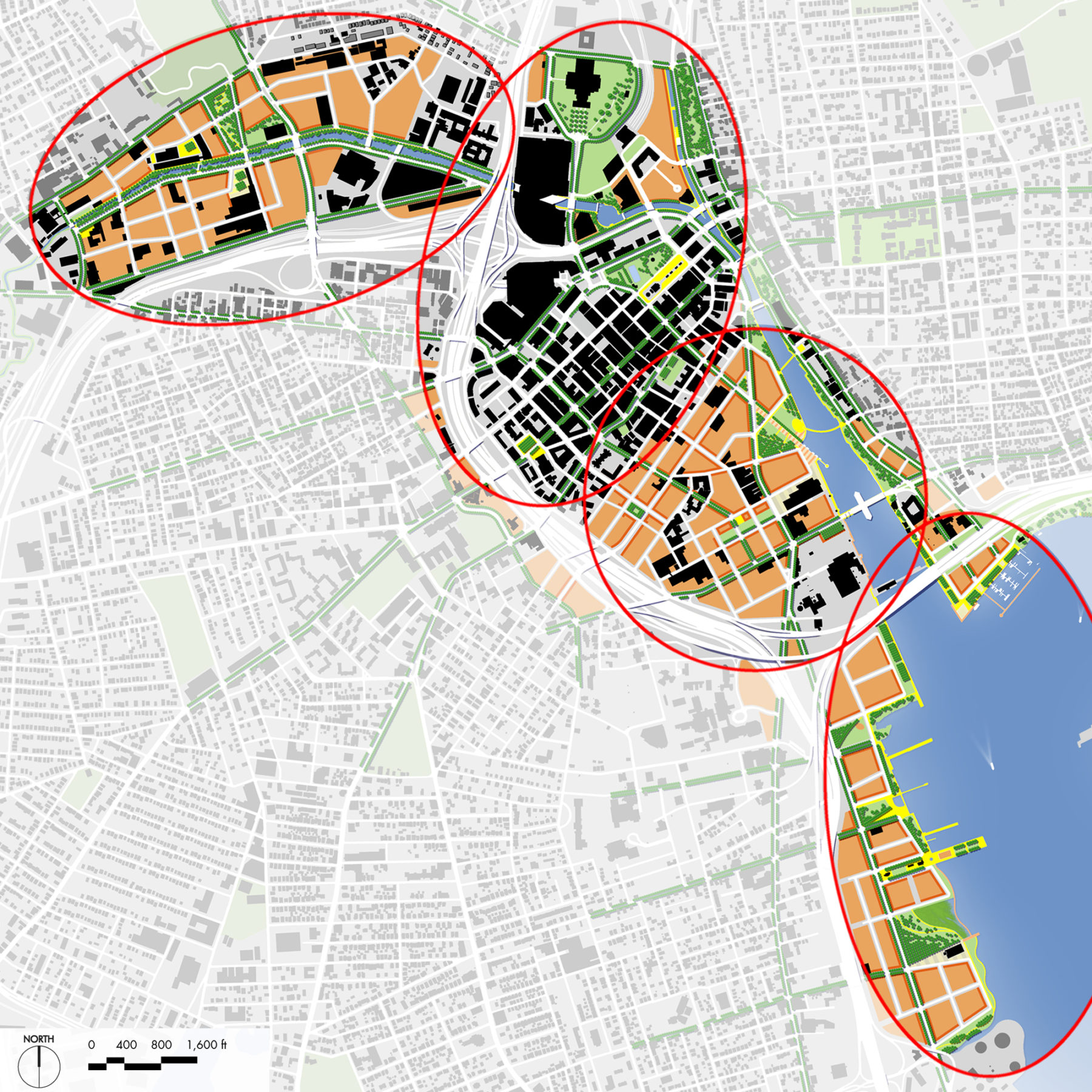 Plan highlighting the four main districts of the plan