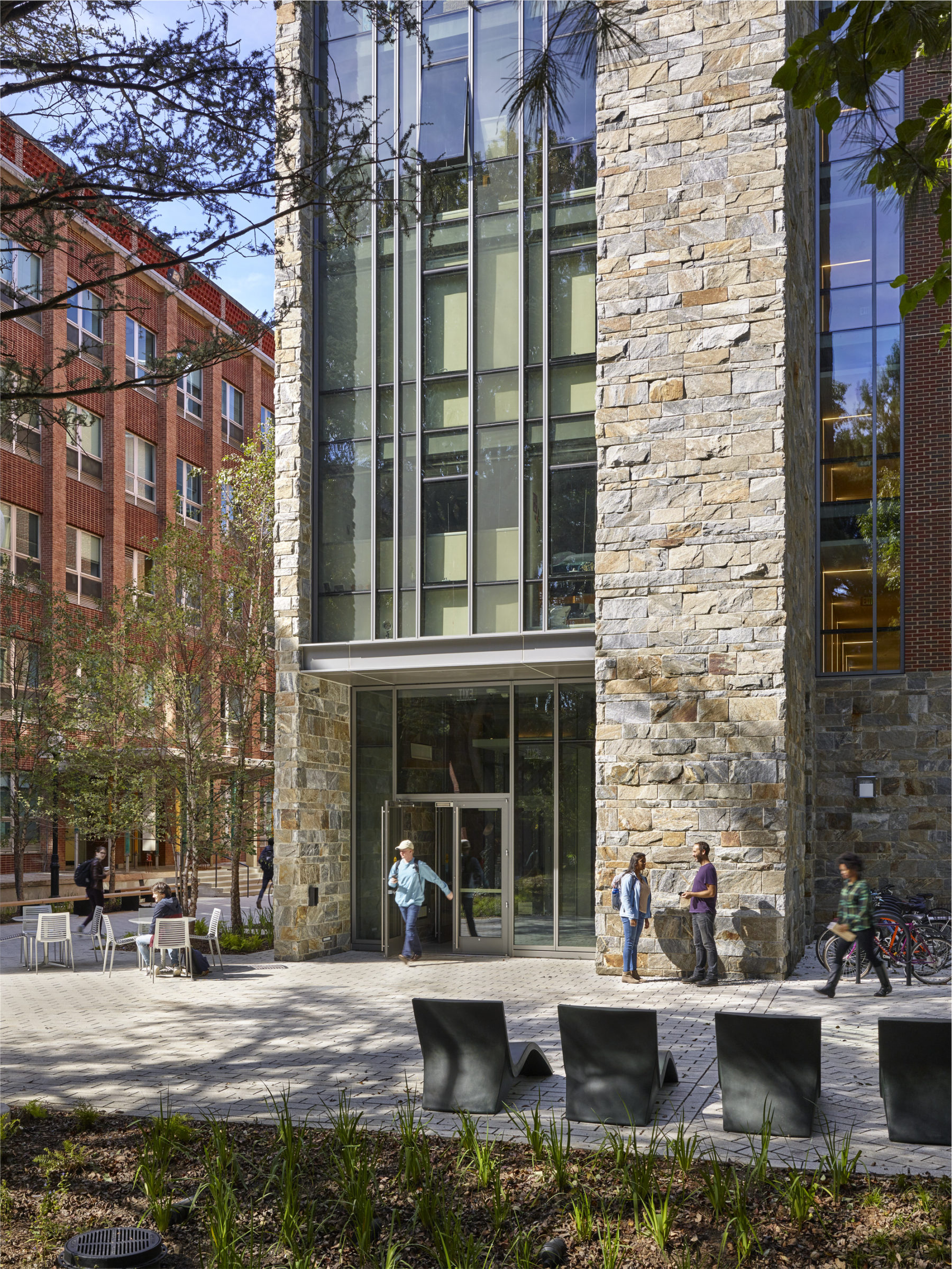 Outside facade of building with stone tower