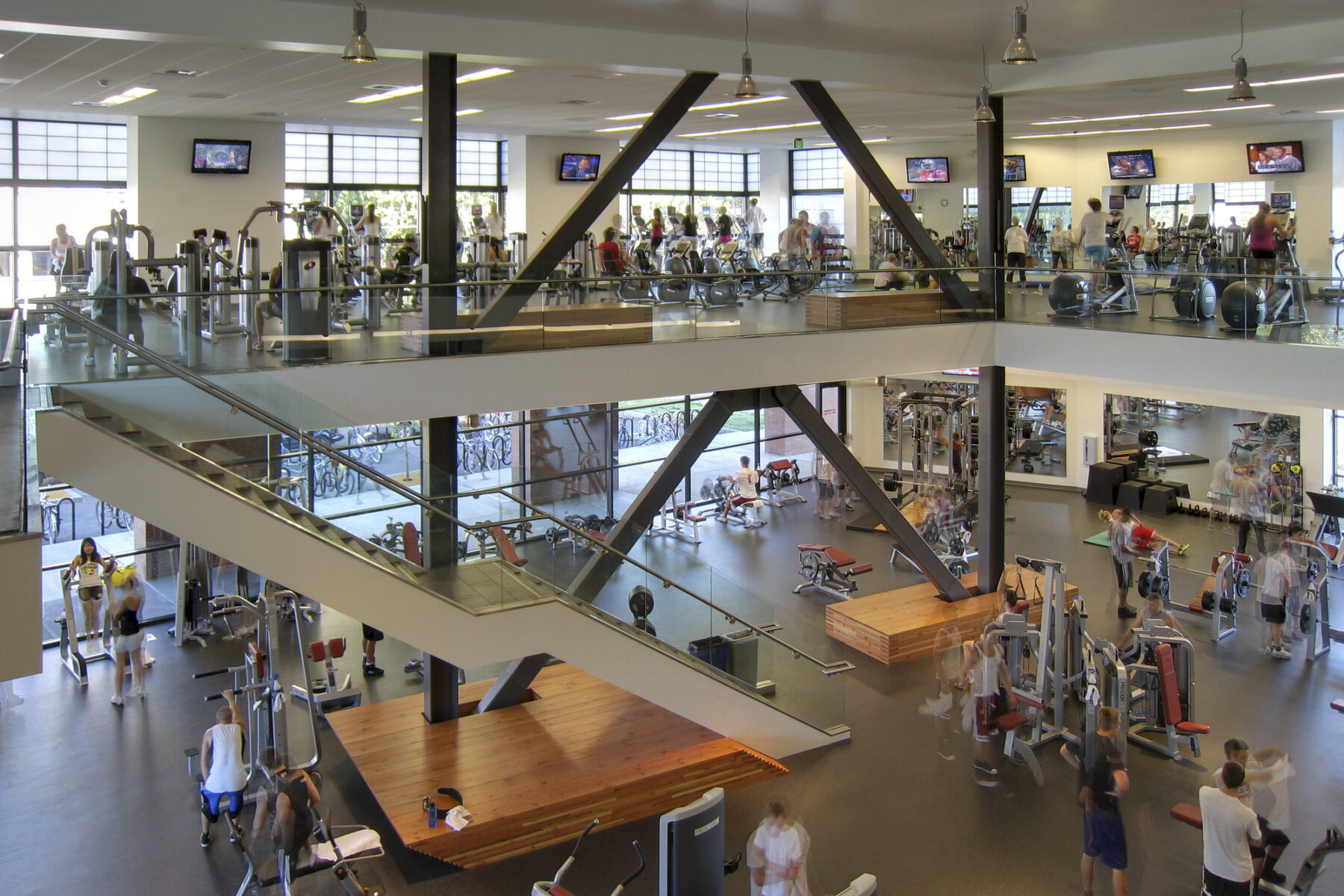 perspective photograph of two-level recreation room at california state chico university