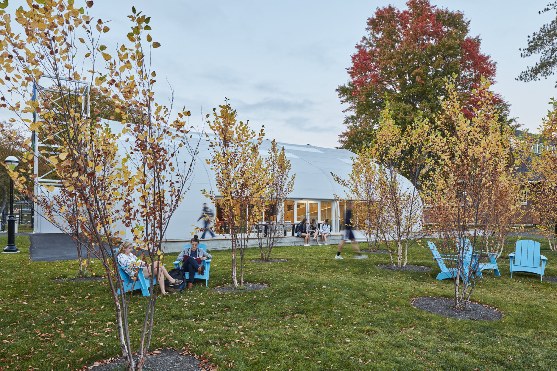 Students sitting outside a building in the fall