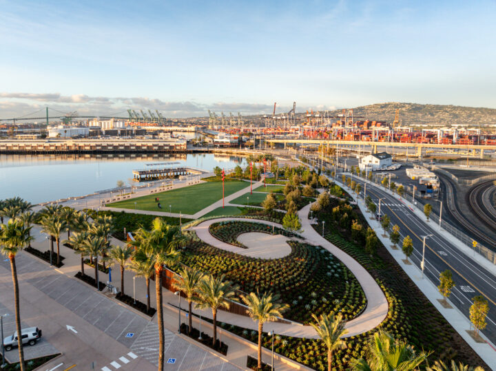 aerial photograph overlooking the promenade with Port of Los Angeles in the distance