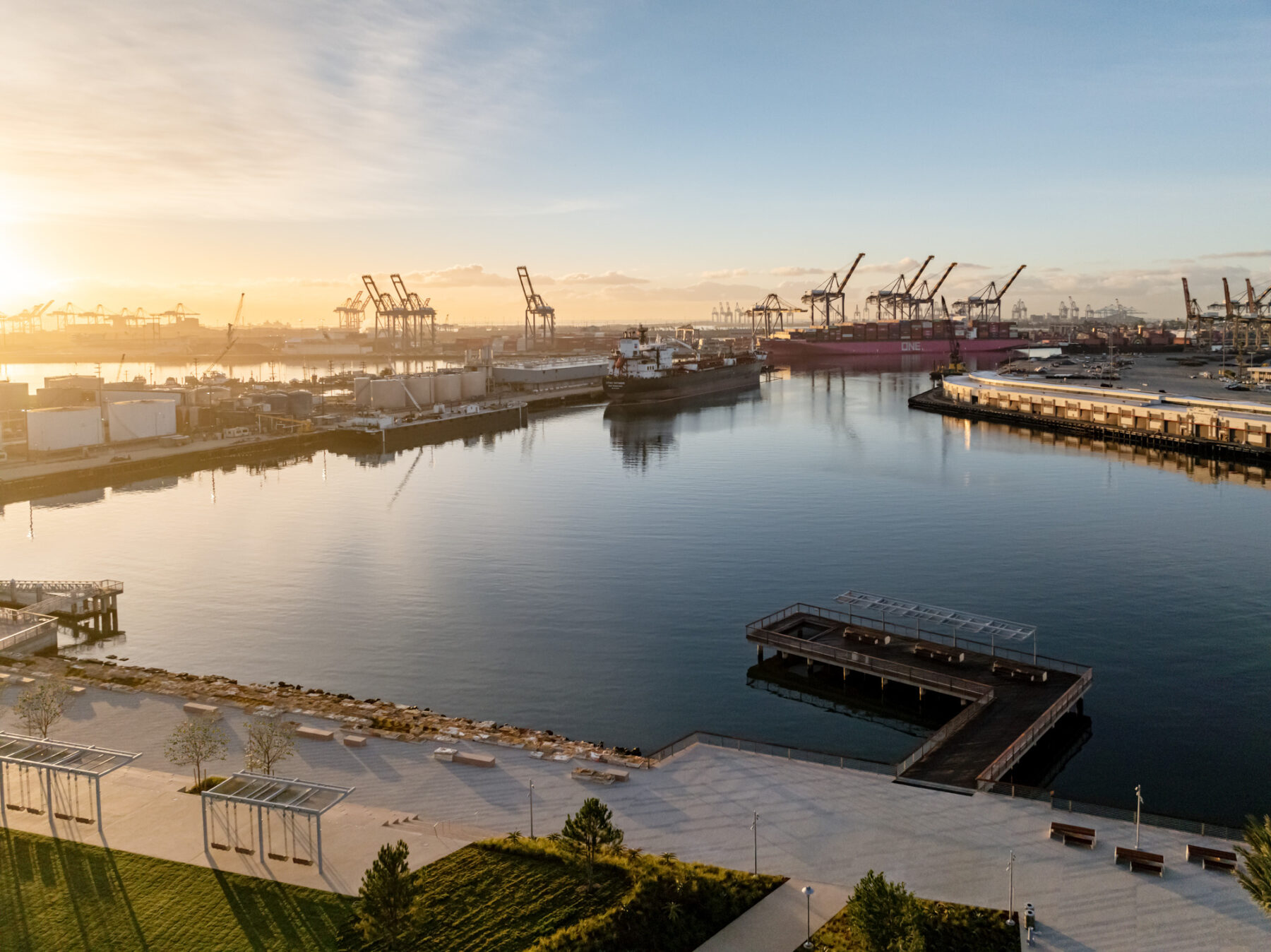 aerial photo from above the promenade looking out towards the water and the Port of LA