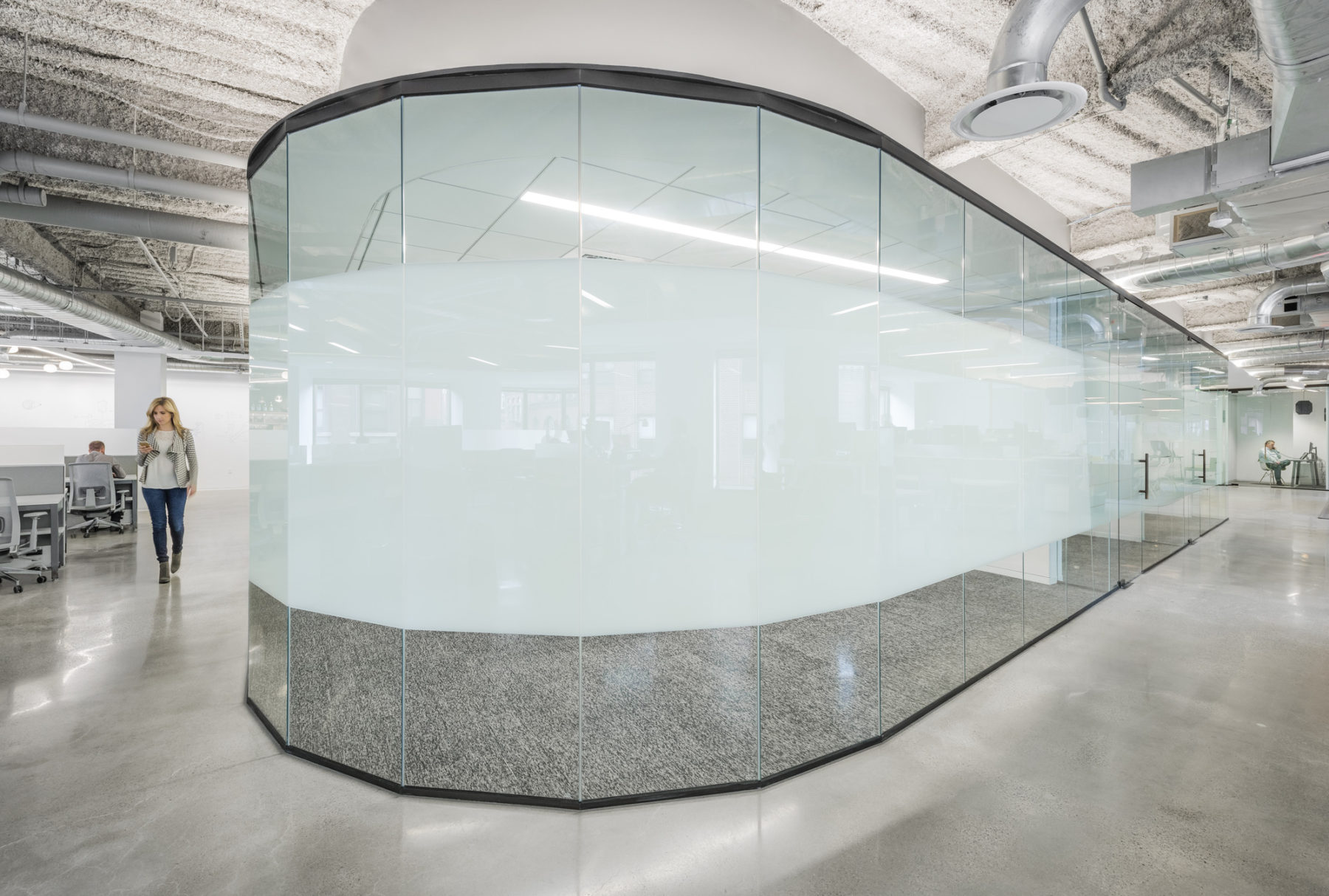 Opaque, curve shaped glass covered meeting room within the office area.