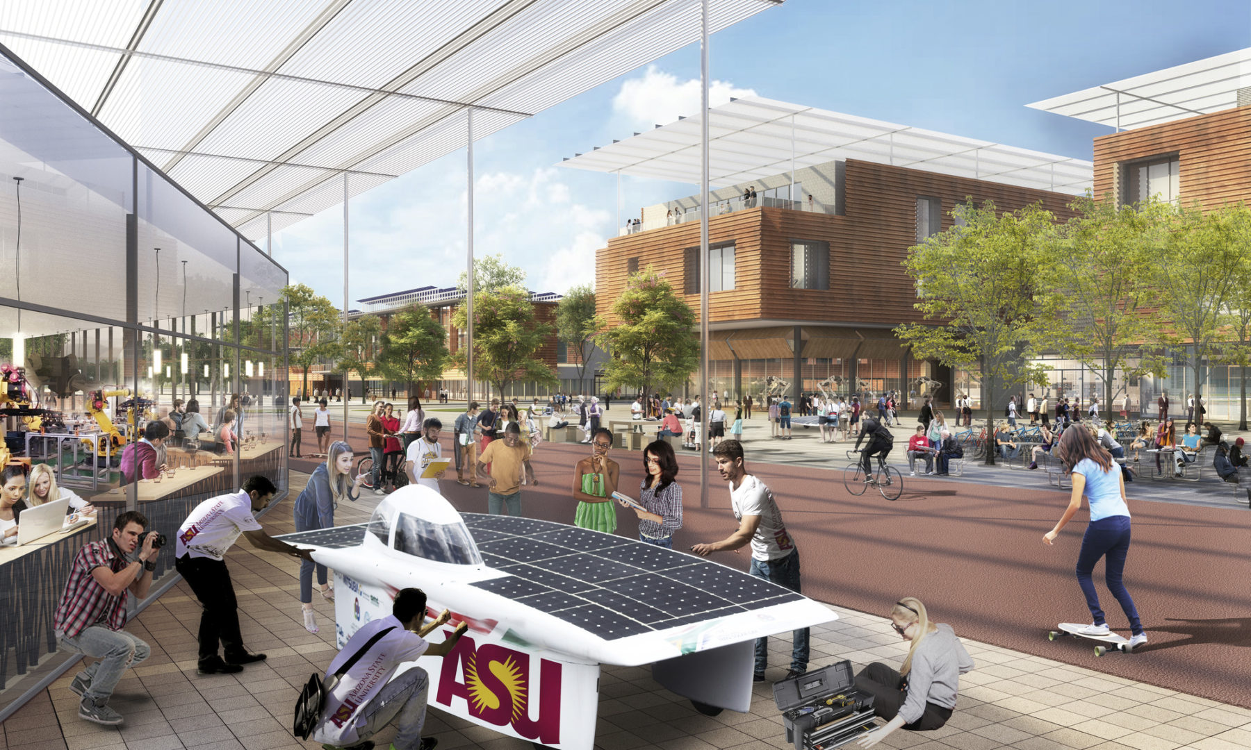 Rendering of a group of students gathered around a solar car