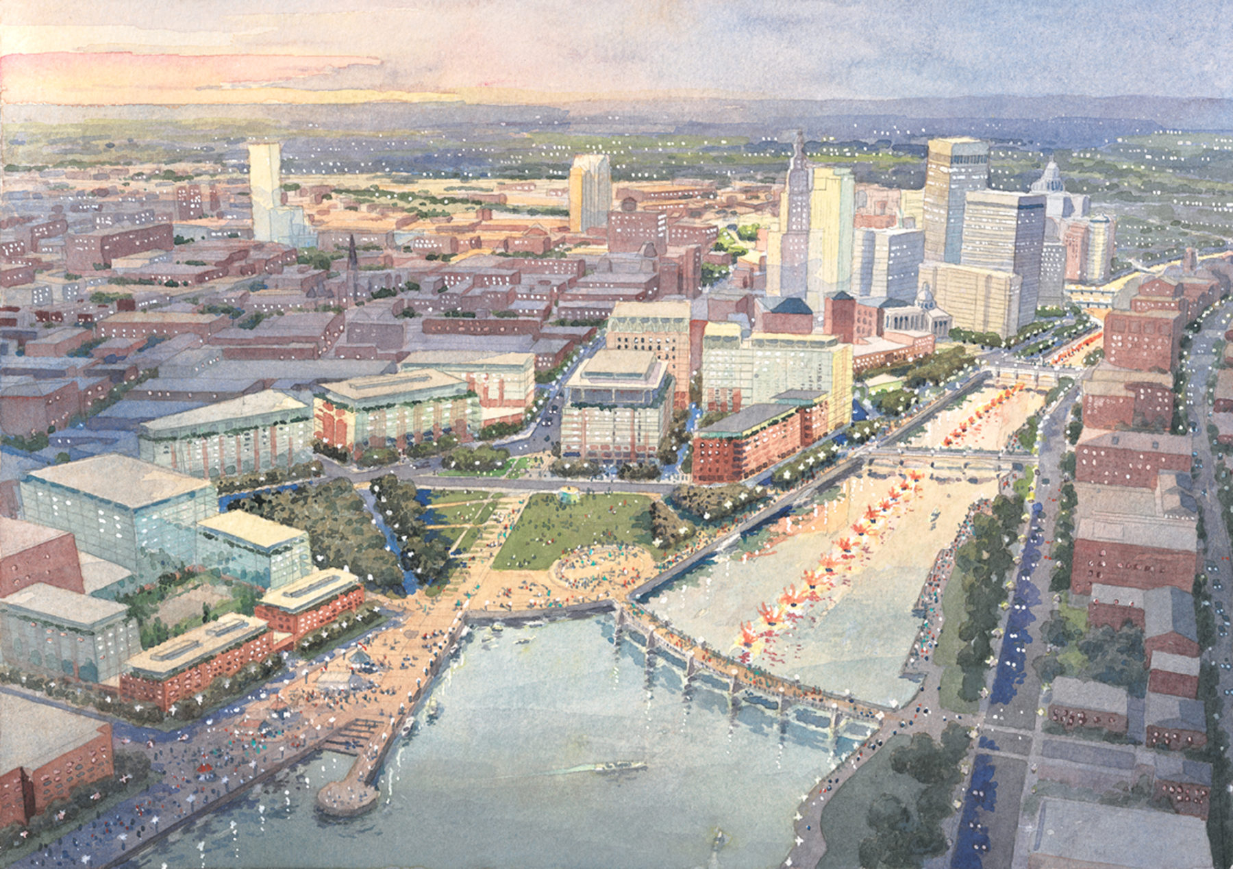 Aerial watercolor rendering of plan