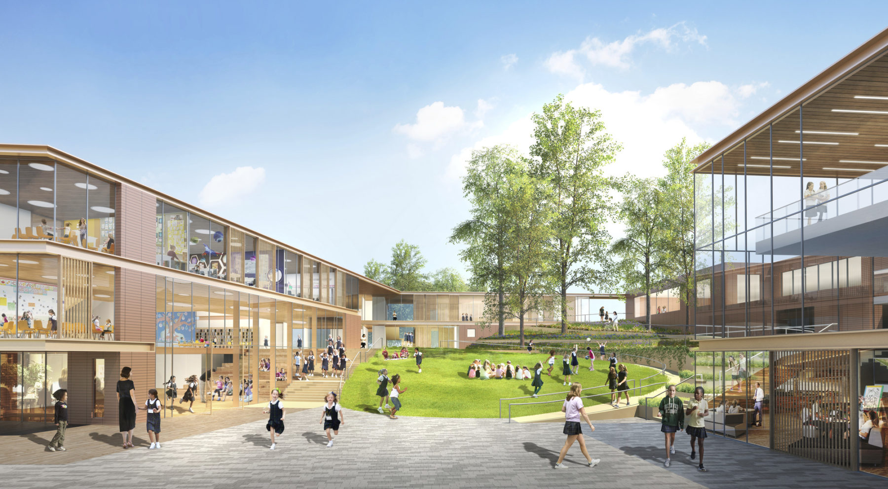rendering of a building with students sitting on the lawn out front