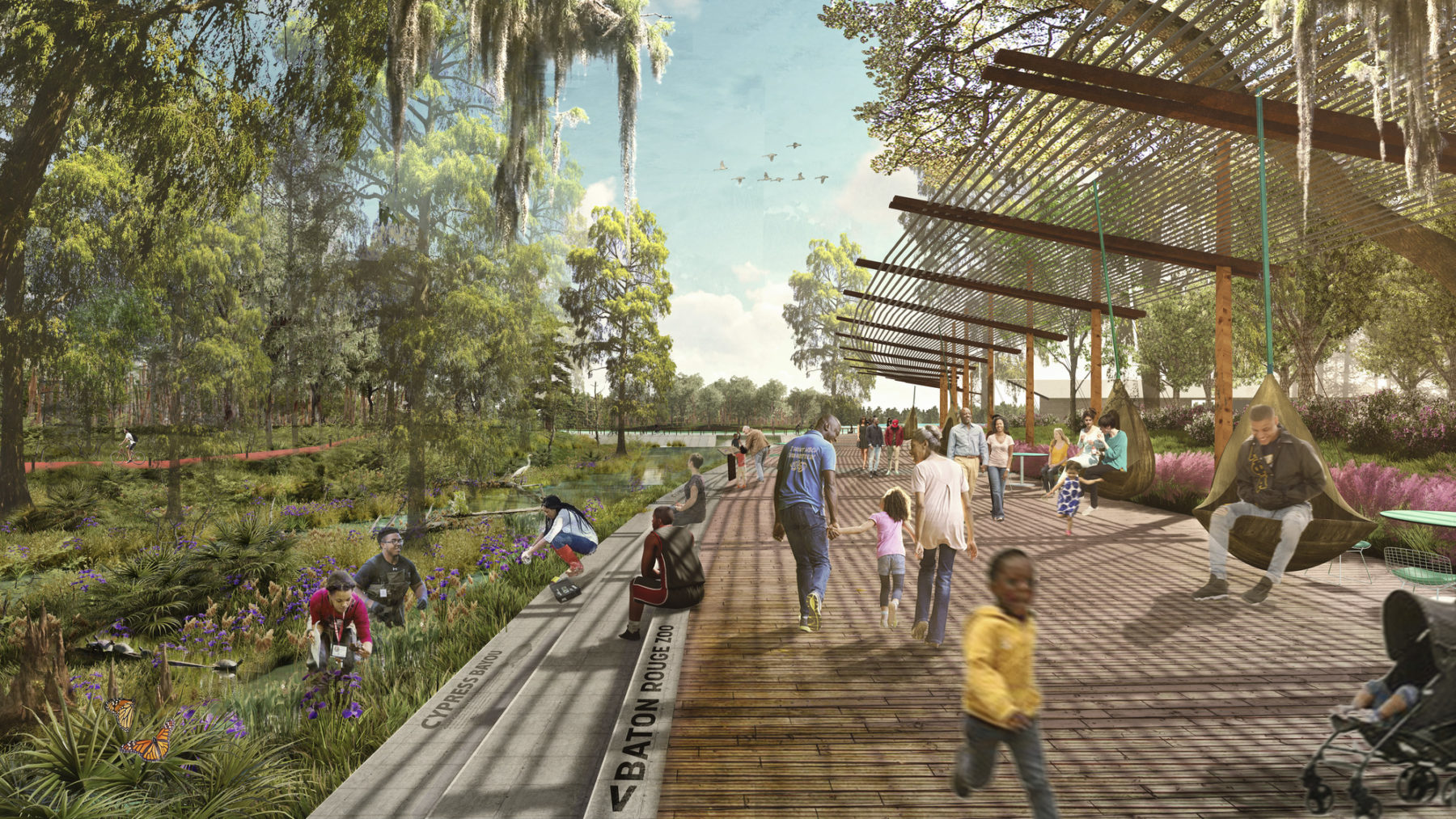 A rendering of a park walkway