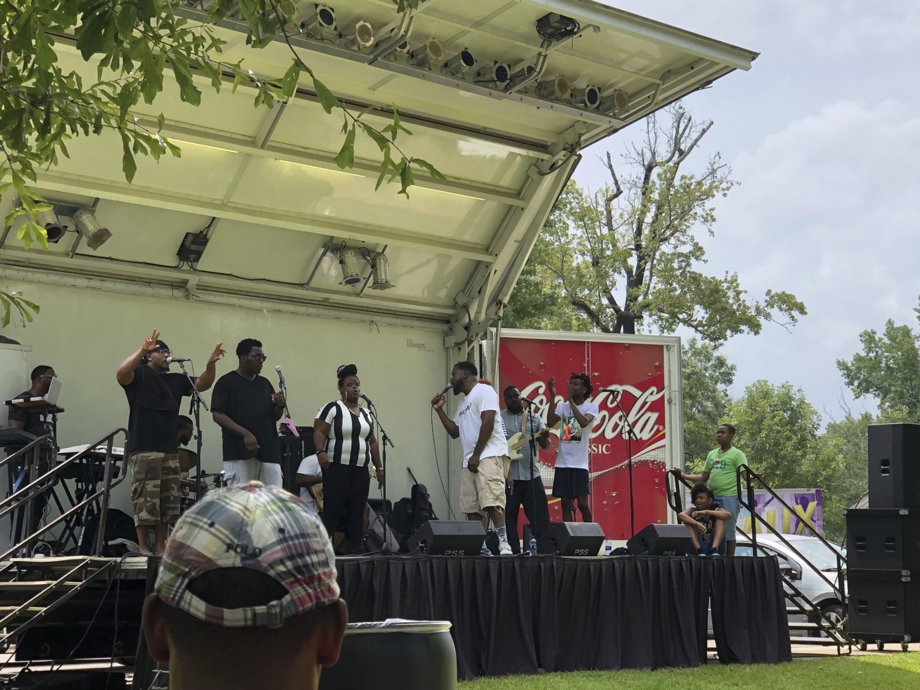 Musicians play on a stage