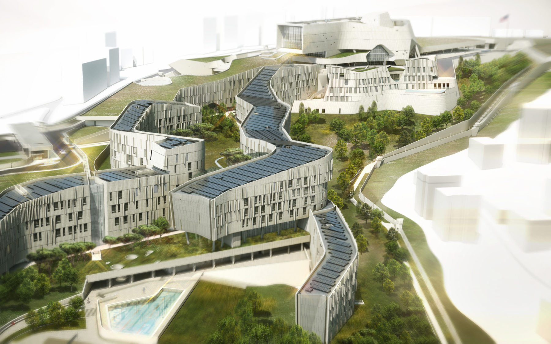 Render of the US Embassy, Beirut, with three narrow buildings surrounded by large green space and trees.