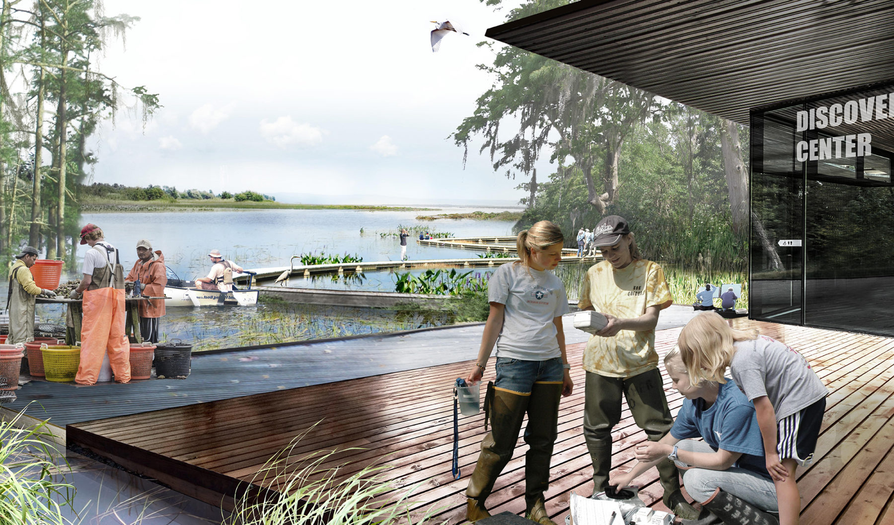 Rendering of people collaborating and engaged in projects by the river.