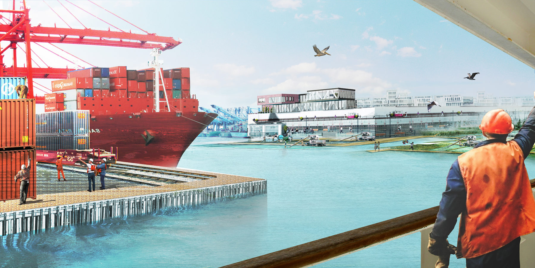 Rendering of port by the Mississippi Delta with a red shit and people working.