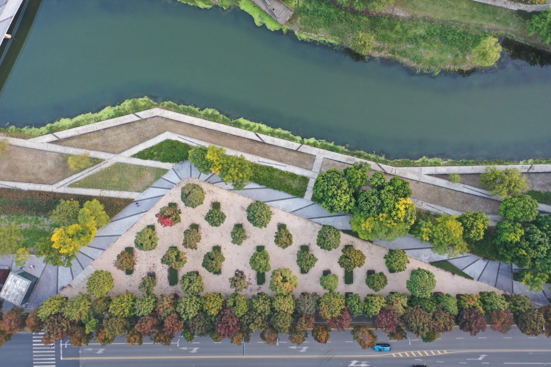 aerial photo looking straight down on park and waterway