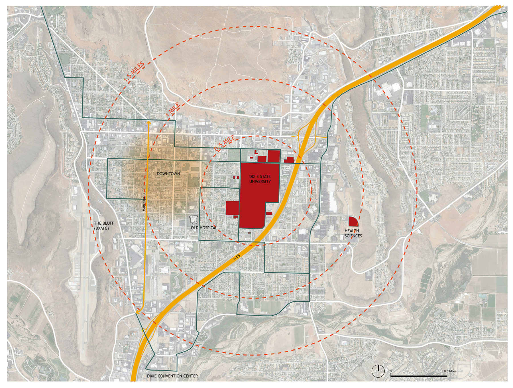 Map of Dixie State University campus next to the surrounding community