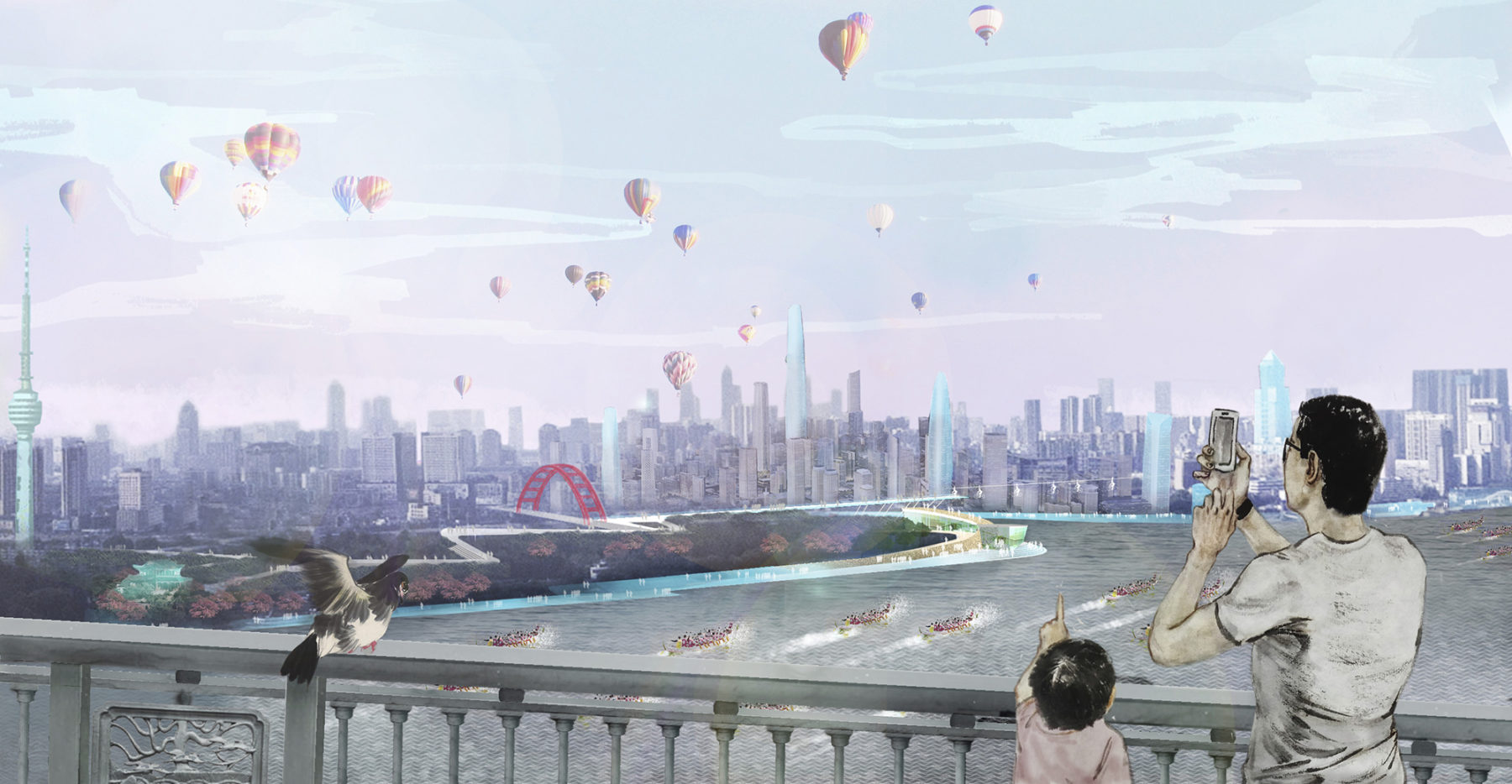 Rendering of river with umbrellas rising