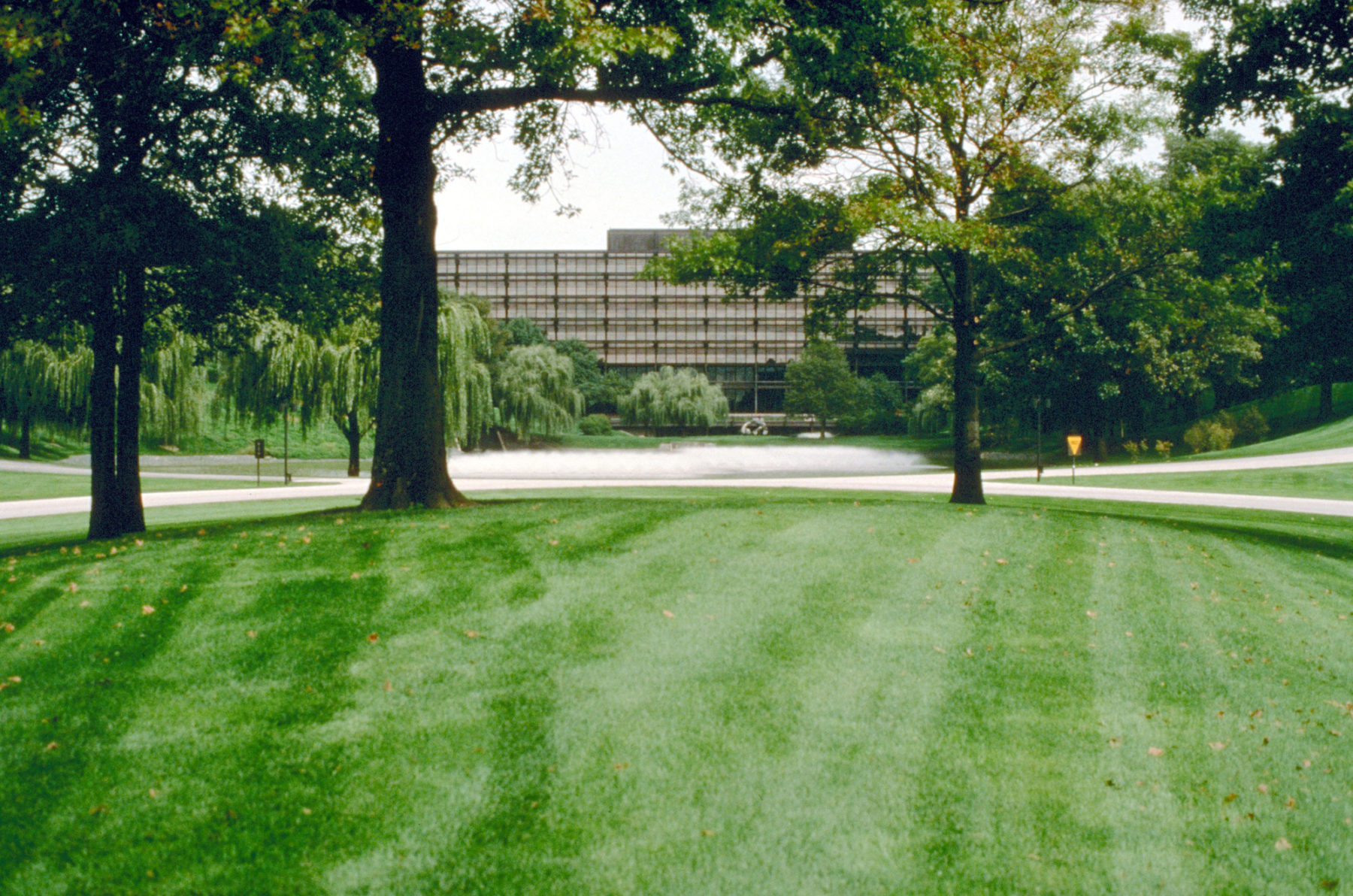 photo of lawn in front of headquarters looking back at building