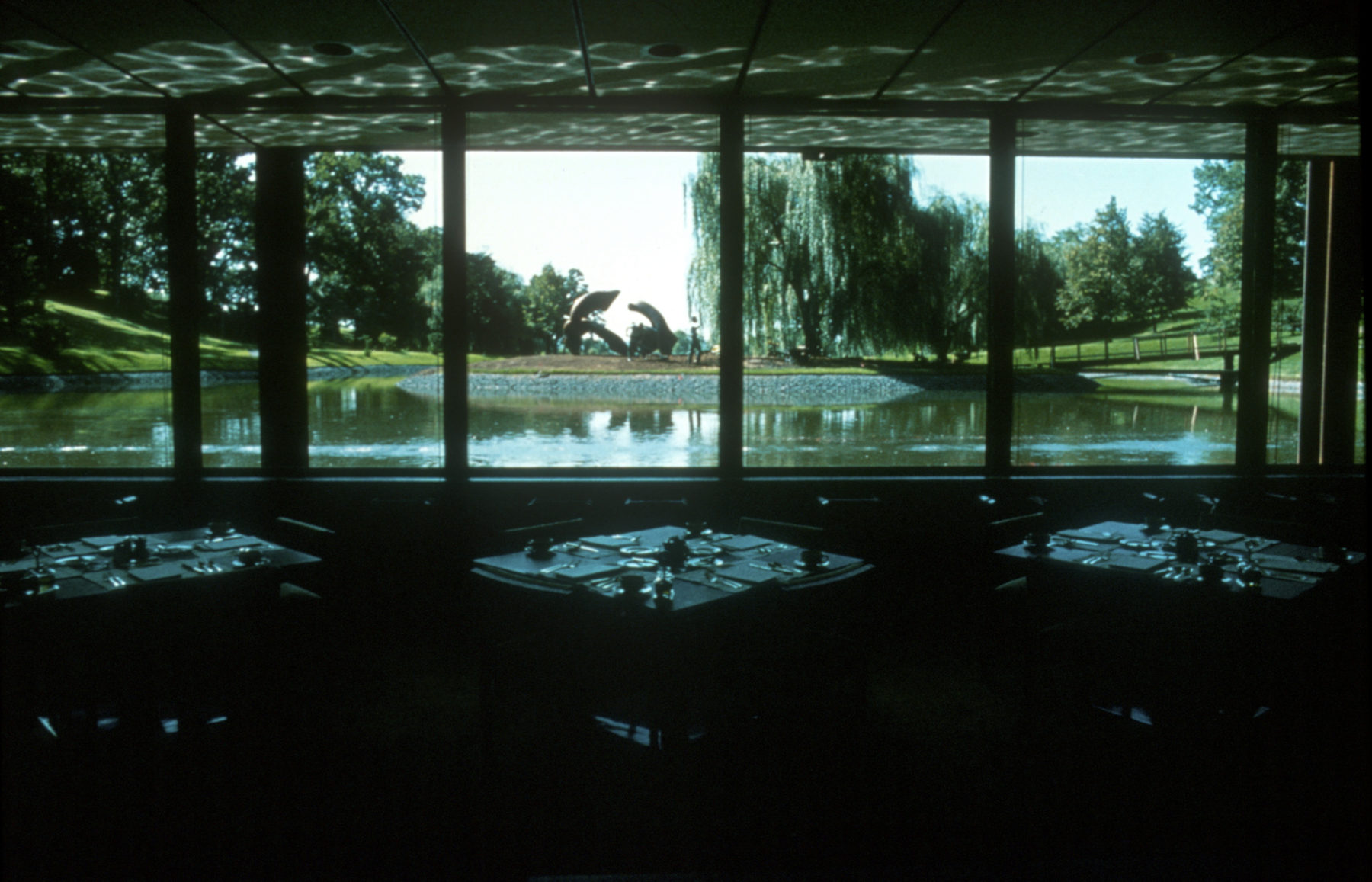 photo from inside building looking back at pond outside