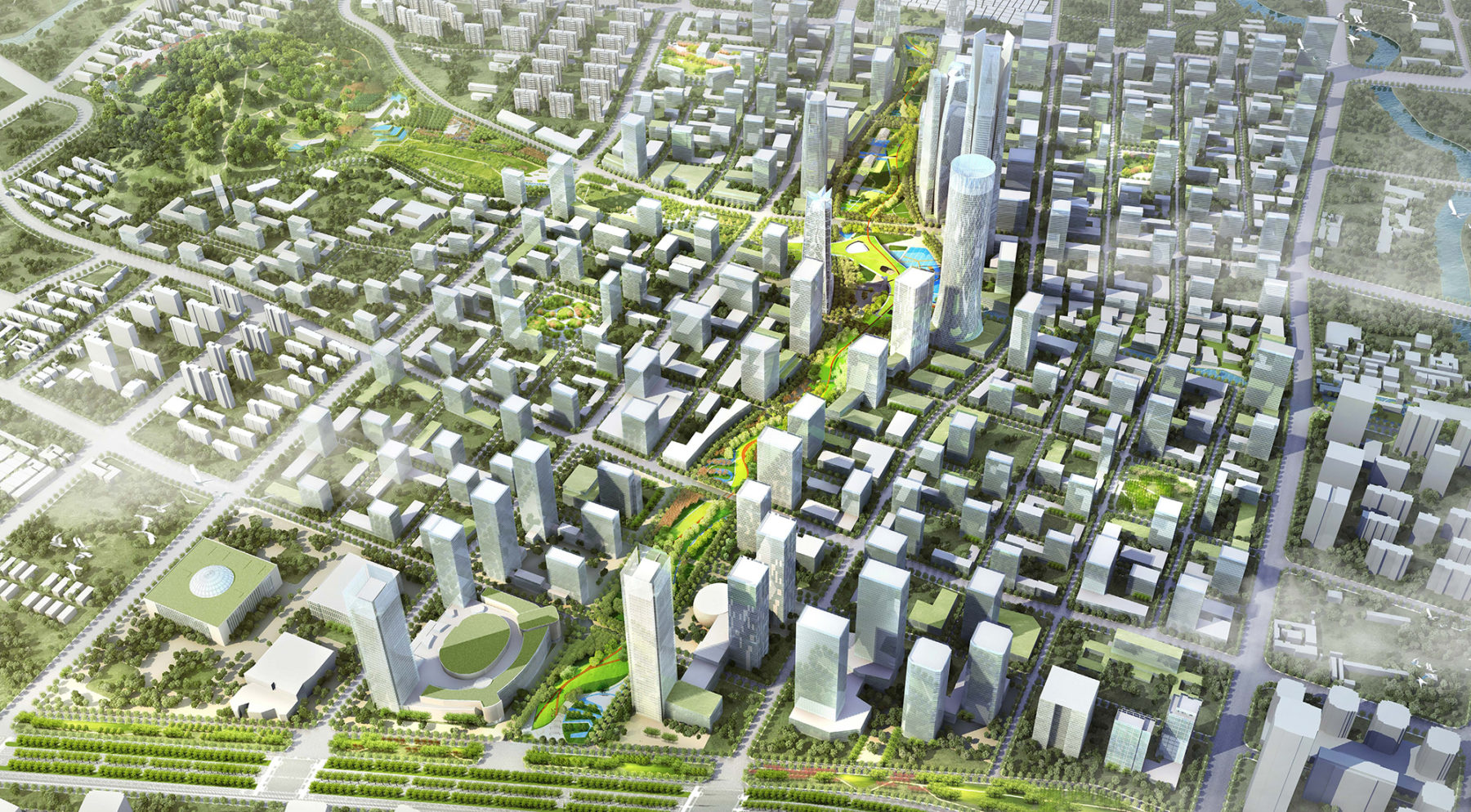 Overhead rendering of cityscape