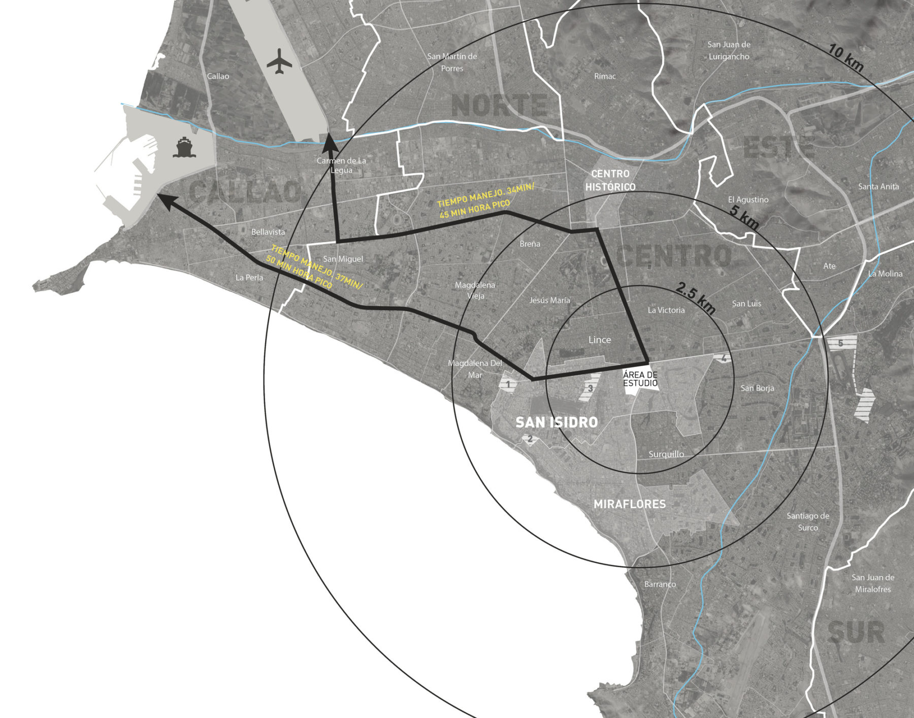 Black and white map of Lima, highlighting the distance to nearest transport and important regions of the city