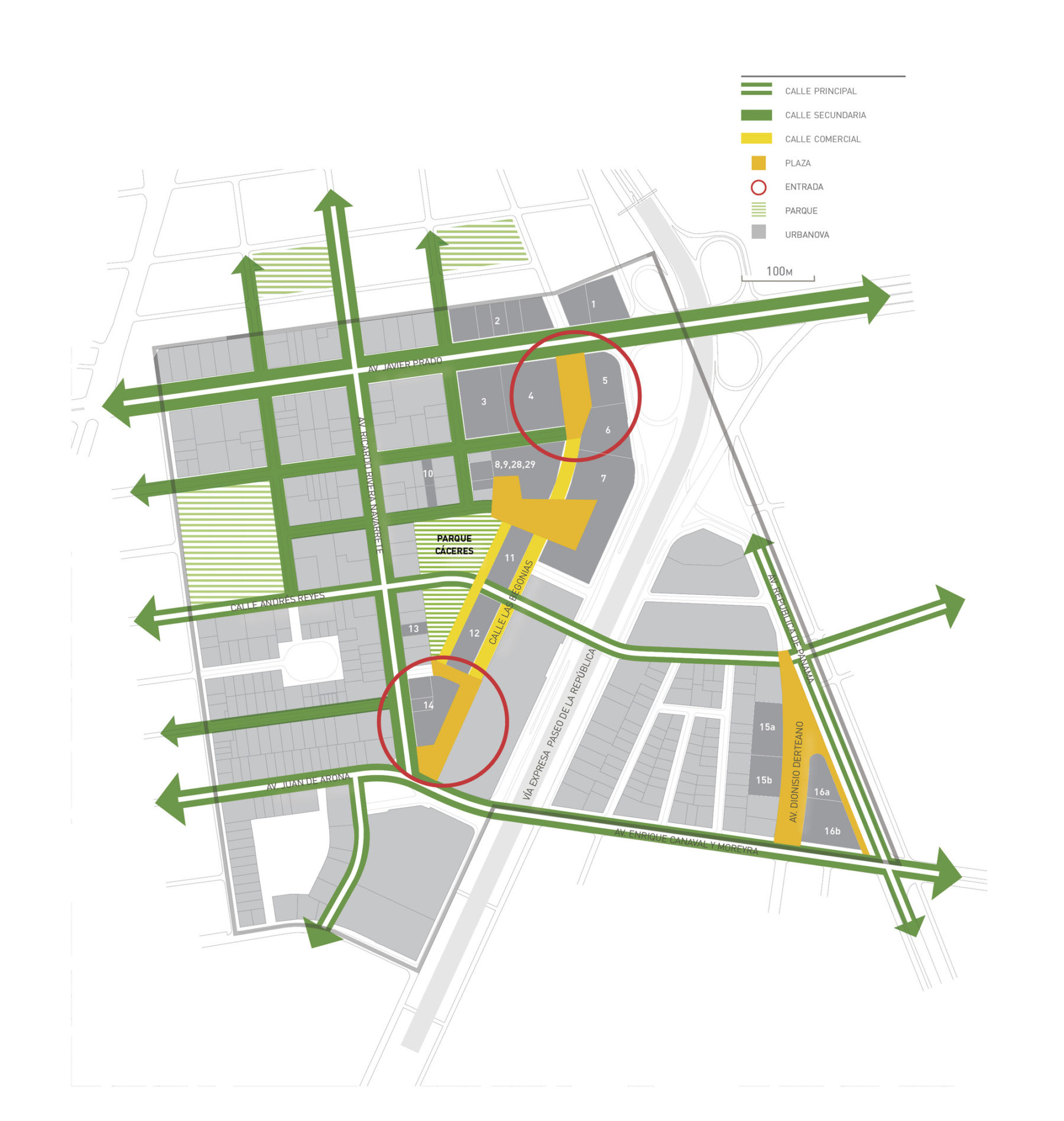 Diagram of the beginning and end points of the proposed development along Calle Las Begonias