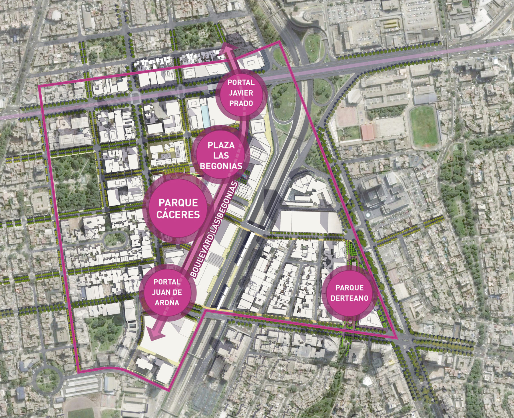 Diagram of downtown Lima, highlighting major parks and additional points of interest