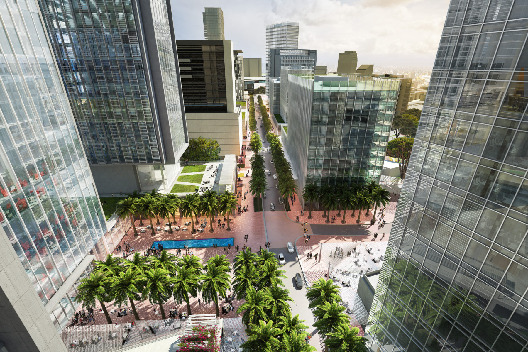 Render of the proposed financial district with heavy foot traffic and streets lined with palm trees