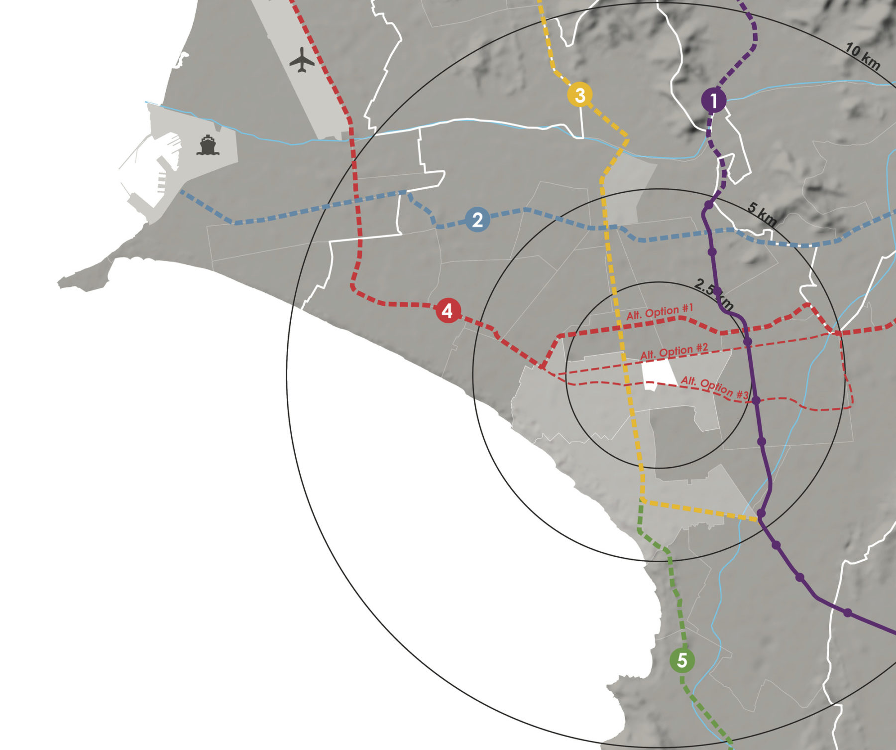 Diagram of various routes in and out of the city from various points of interest (e.g., airports, seaports, etc.)