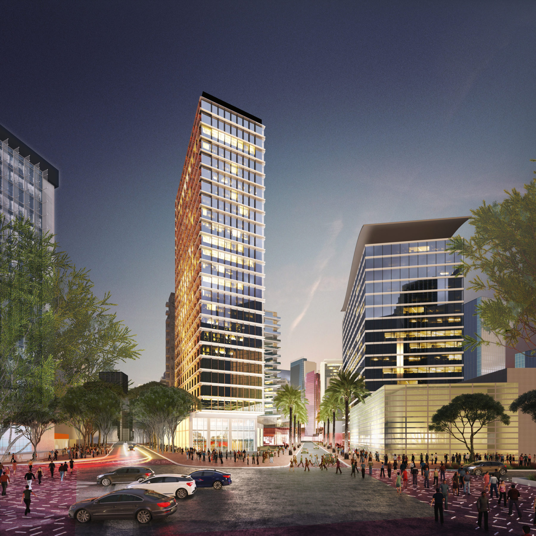 Render of a towering new building surrounded by evening foot traffic