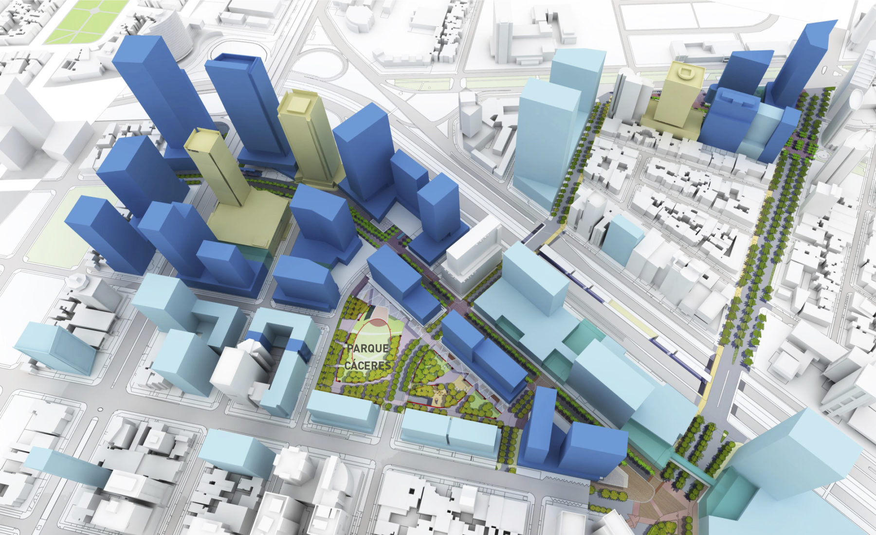 Render of new developments in dark blue, surrounded by existing construction in light blue and beige.