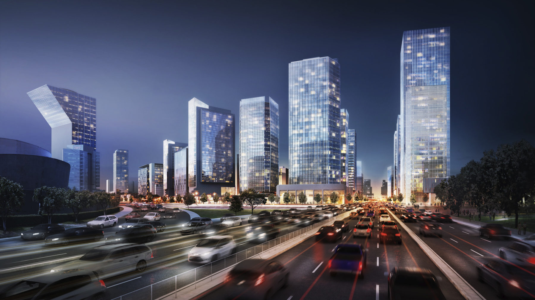 Render of the new development at night. Beautiful glass high rises with flowing traffic entering and exiting the Las Begonias avenue.